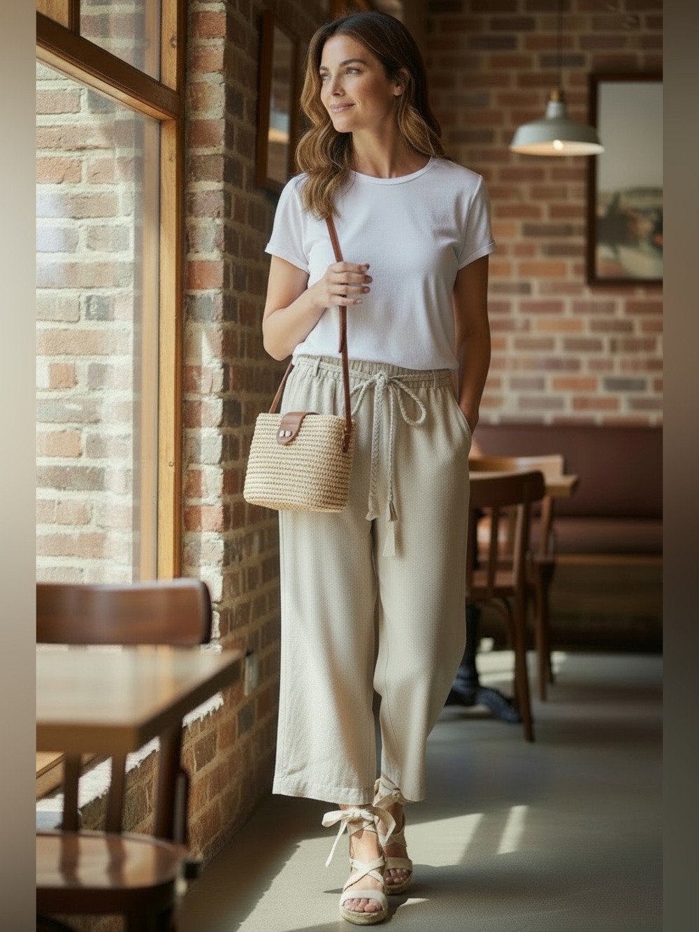 Matilda Jane Cream Wide-Leg High-Rise Drawstring Pants With Pockets & Belt Sz M